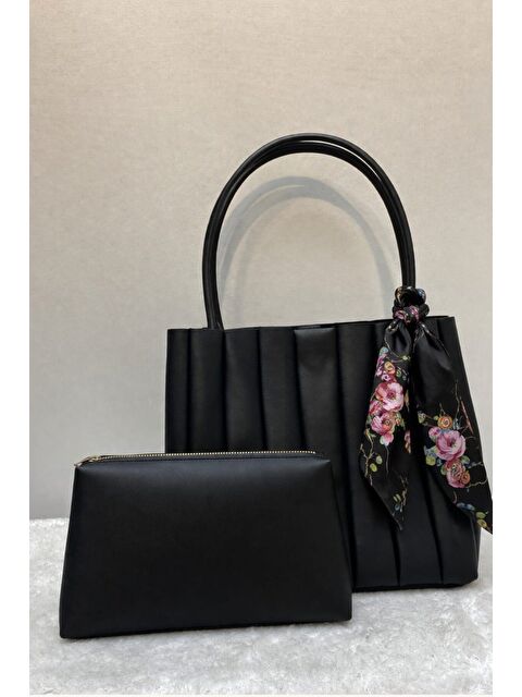 My Kids Wear Kadın Piliseli Omuz Çantası ve Cüzdan Seti - Desenli Eşarp Detaylı El ve Kol Çantası 12675