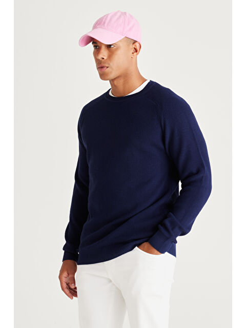 AC&Co / Altınyıldız Classics Erkek Lacivert Standart Fit Normal Kesim Bisiklet Yaka Desenli Triko Kazak - S000394513-21164