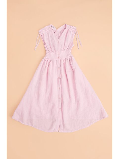 Fullamoda Omuz Bağcıklı Düğmeli Kız Çocuk Müslin Elbise