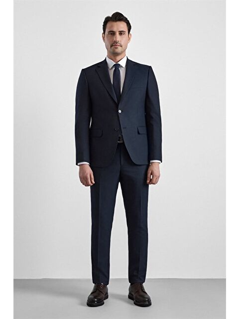 Süvari Lacivert Slim Sivri Yaka Kazayağı Armürlü Torba Cep Standart 6 Drop Takım Elbise