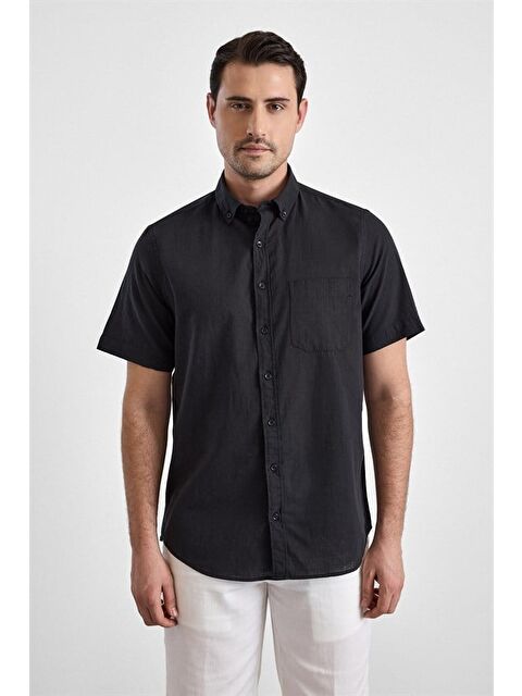 Süvari Siyah Regular Düğmeli Yaka Düz Casual Gömlek