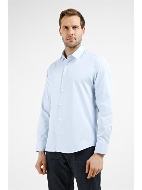 İMZA Mavi Kendinden Desenli Sert Yaka Uzun Kol Cepsiz Slim Fit Pamuklu Gömlek 1004255229 - S000505546-17234