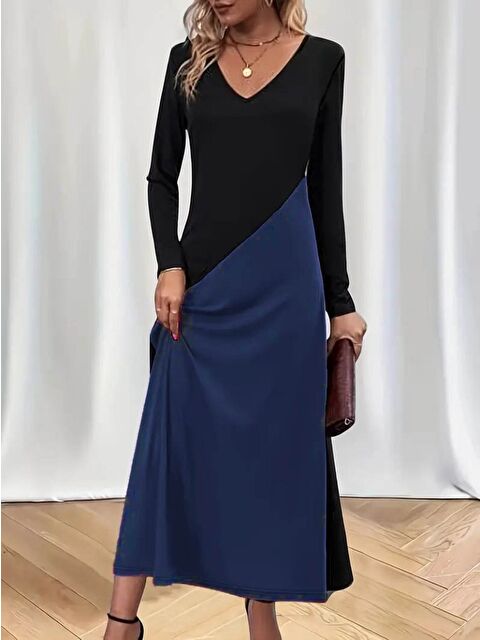 Jane's Kadın Uzun Kollu V Yakalı Blok Desenli Viskon Elbise - S000529172-21164