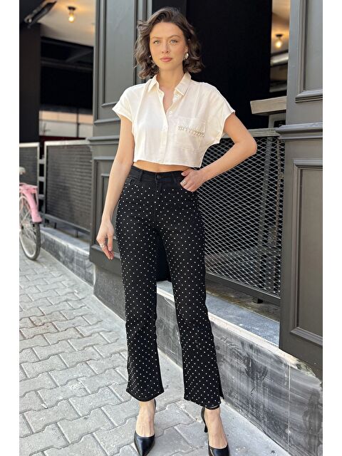 Gülseli Kadın Yüksek Bel Taş İşlemeli Yırtmaç Detaylı Jean Pantolon - S000379699-19351