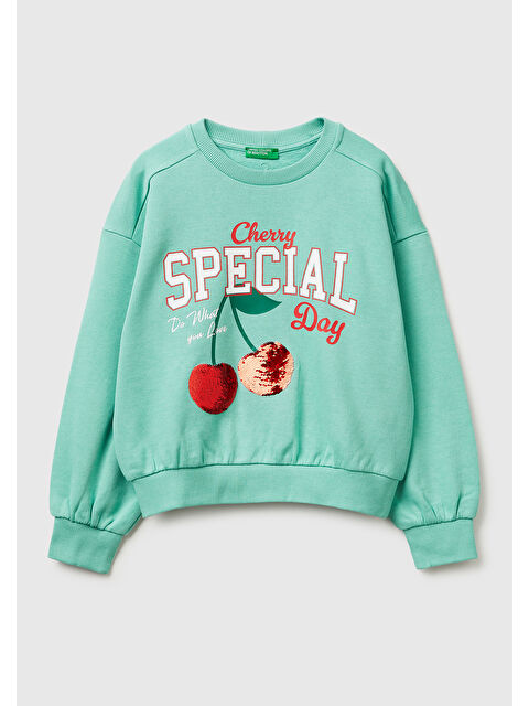United Colors Of Benetton Kız Çocuk Mint Simli Grafik Baskılı Yuvarlak Yaka Ribanalı Sweatshirt