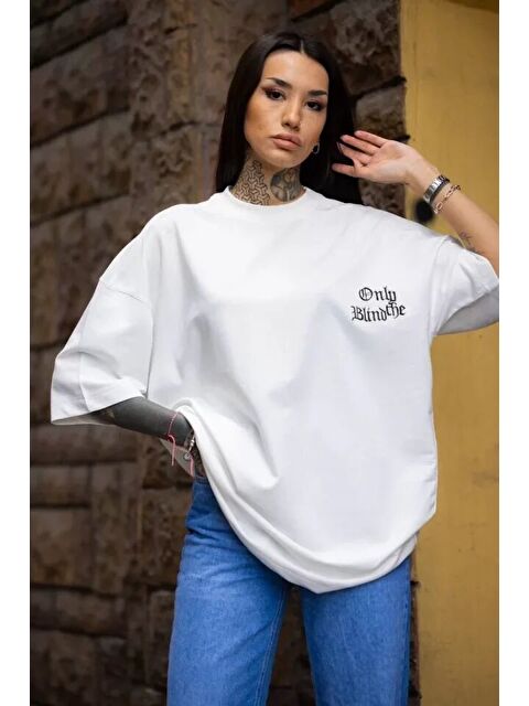 Jane's Unisex Bisiklet Yaka Baskılı Oversize T-Shirt - Beyaz