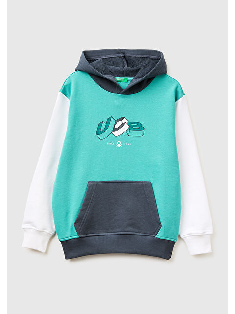 United Colors Of Benetton Erkek Çocuk Turkuaz Mix Önü Logo Baskılı Kanguru Cepli Kapüşonlu Sweatshirt