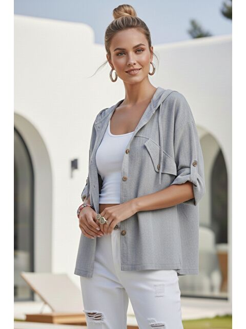 Chiccy Gri Kapüşonlu Düğmeli 3/4 Kol Cepli Casual Keten Görünümlü Dokuma Ceket 65 65