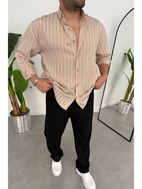 Tarz Cool Erkek  Regular Dikine Çizgili Gömlek Vizon - S000392875-26429