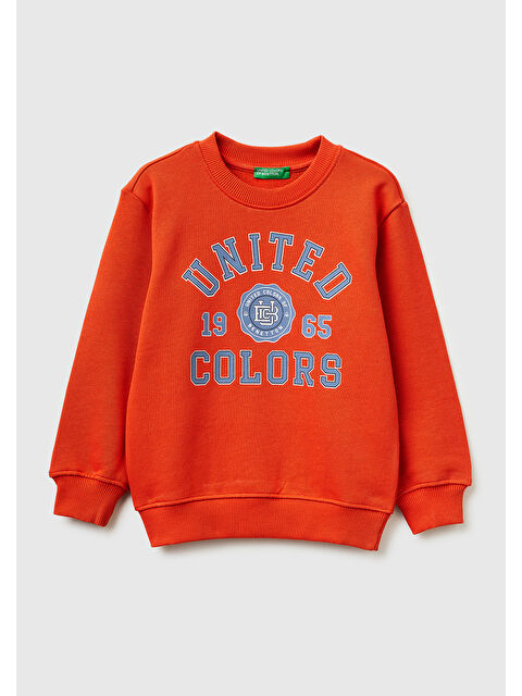 United Colors Of Benetton Erkek Çocuk Kırmızı Önü Logo Baskılı Yuvarlak Yaka Sweatshirt