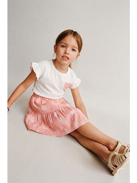 Magu Kız Çocuk Pamuklu Beyaz Pembe Papatya Desenli Etekli Takım - Kalp Baskılı Fırfır Kollu Tişört