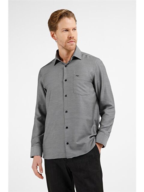 İMZA Siyah Kendinden Desenli Sert Yaka Uzun Kol Cepli Comfort Fit Pamuklu Gömlek 1004255223 - S000505549-19351