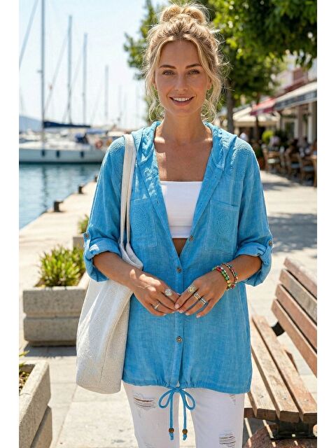 Chiccy Turkuaz 3/4 Kol Düğmeli Cepli Önü Nakışlı Casual Dokuma Ceket 70 65