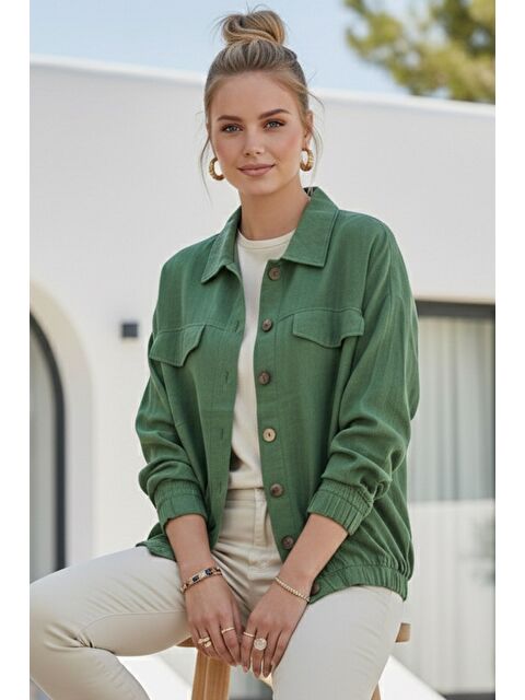 Chiccy Yeşil Gömlek Yaka Manşetli Kollu Çift Kapaklı Cepli Casual Keten Görünümlü Dokuma Ceket 65 65