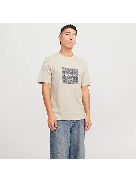 Jack & Jones Tarmac Camo Front Crew Neck Erkek Bej Yuvarlak Yaka Spor Tişört