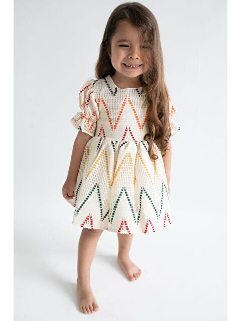 Magu Kız Çocuk Ekru Desenli Astarlı Pamuklu Elbise - S000378456-19965