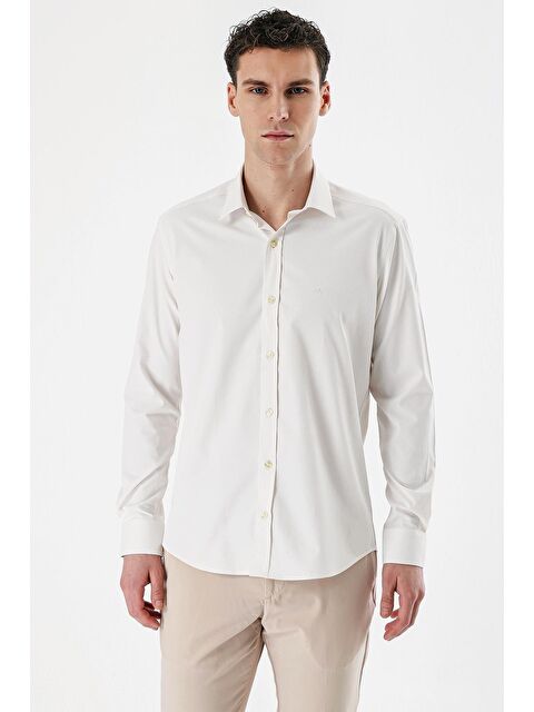 İMZA Açık Krem Uzun Kollu Armürlü Cepsiz Pamuklu Elastanlı Slim Fit Dar Kesim Gömlek 1004240193 - S000356754-3162