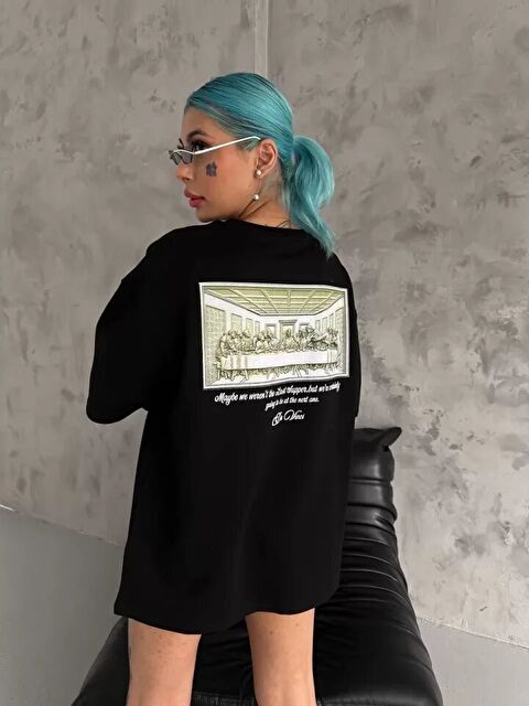 Jane's Unisex Baskılı Oversize T-Shirt - Siyah