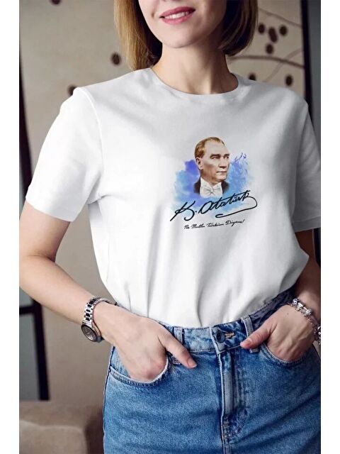 Jane's Unisex Bisiklet Yaka Baskılı Oversize T-Shirt - Beyaz