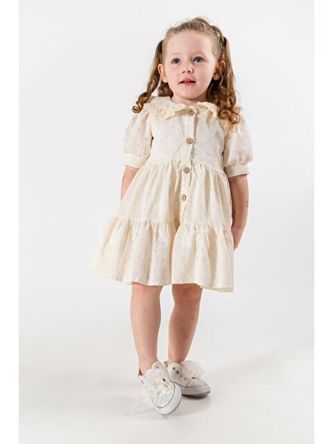 Magu Krem Rengi Brode İşlemeli Kız Çocuk Elbisesi – Düğmeli, Fırfırlı, Pamuklu - S000378467-19965