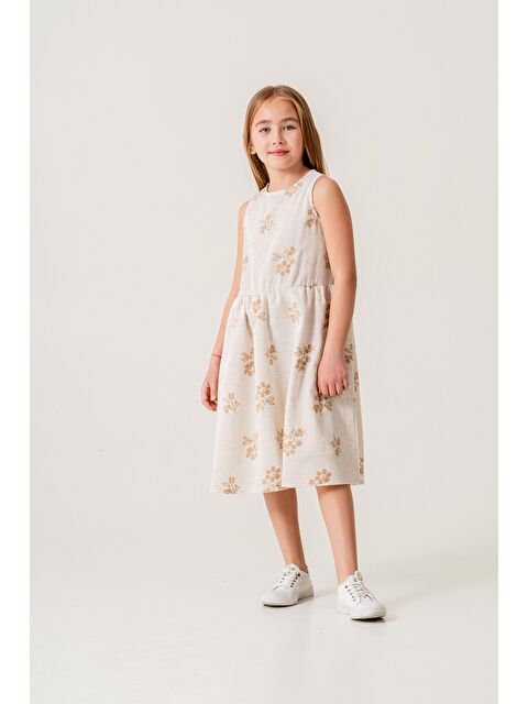 Magu Kız Çocuk Keten Ekru Çiçek Desenli Elbise - Yazlık Şıklık - S000378468-19413