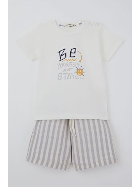 Breeze Erkek Bebek Şortlu Takım Motivasyon Temalı Bağcık Aksesuarlı Ekru (9 Ay-3 Yaş)