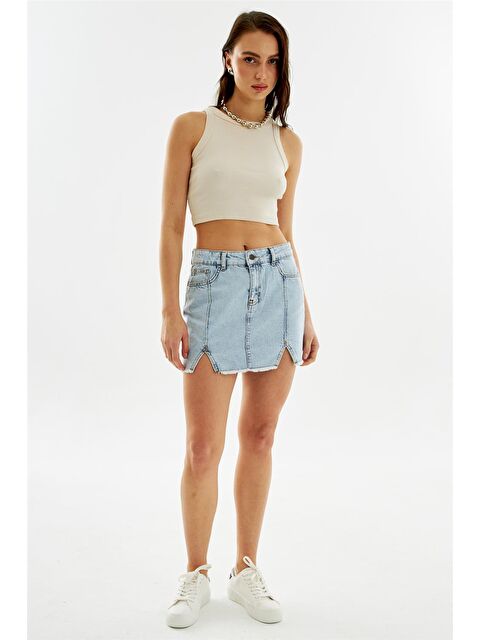 Explode Kadın Pileli Yırtmaçlı Yüksek Bel Mini Denim Etek  Açık Mavi - S000132590-17437