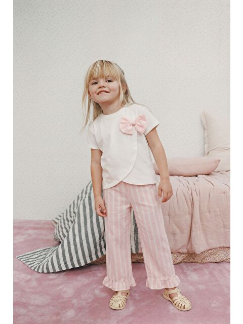 Magu Kız Çocuk Pamuklu Beyaz Fiyonk Detaylı Tişört Pantolon Takım - Pembe Çizgili