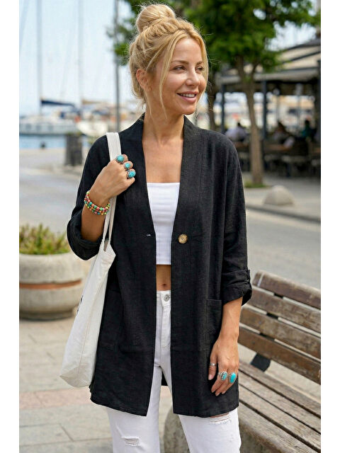 Chiccy Siyah Kimono Yaka 3/4 Kol Düğmeli Çift Cepli Casual Flamlı Pamuklu Kumaş Dokuma Ceket 85 60