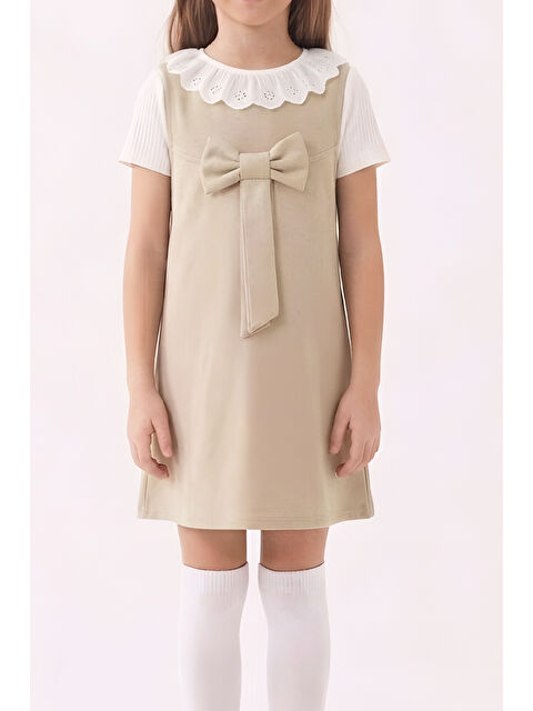 Modanino Kız Çocuk 2'li Elbise (Double Face Kumaş Elbise+Nakış Yakalı Bluz) 4-9 Yaş 12563