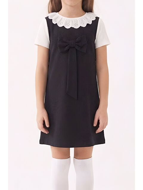 Modanino Kız Çocuk 2'li Elbise (Double Face Kumaş Elbise+Nakış Yakalı Bluz) 4-9 Yaş 12563