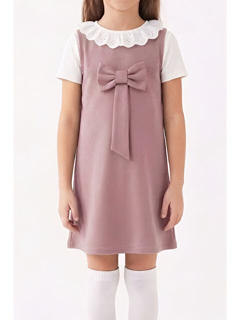 Modanino Kız Çocuk 2'li Elbise (Double Face Kumaş Elbise+Nakış Yakalı Bluz) 4-9 Yaş 12563