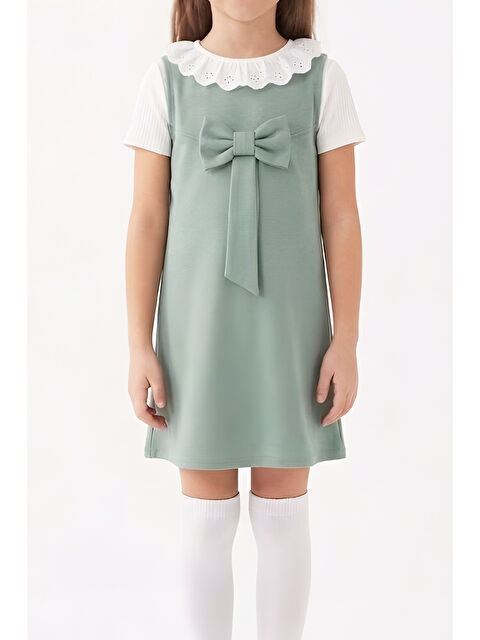 Modanino Kız Çocuk 2'li Elbise (Double Face Kumaş Elbise+Nakış Yakalı Bluz) 4-9 Yaş 12563