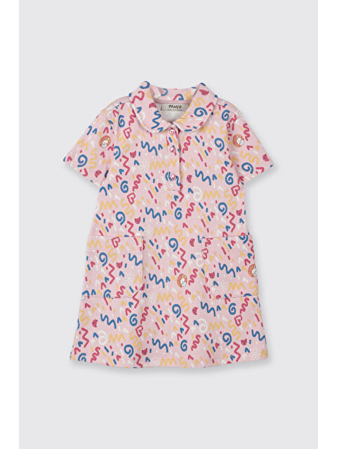 Panço Kız Bebek Kısa Kollu Bebe Yaka Baskılı Düğmeli Örme Pembe Elbise - S000524560-20024
