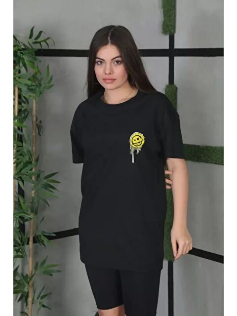 Jane's Unisex Bisiklet Yaka Baskılı Oversize T-Shirt - Siyah