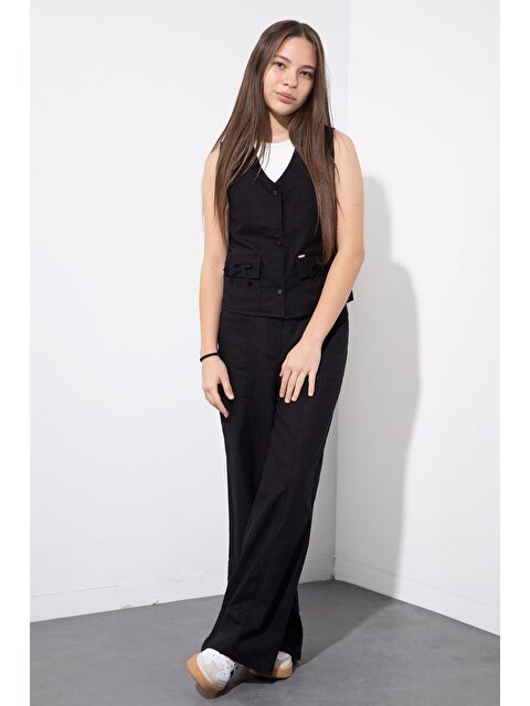 Cansın Mini Siyah Cepli Keten Yelekli Yüksek Bel Pantolonlu Kız Çocuk Alt Üst Takım 23544 - S000502800-19351