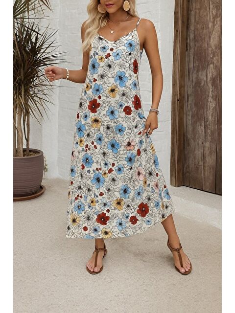 Jane's Kadın Ip Askılı Geniş V Yakalı Desenli Süprem Elbise - S000529177-7152