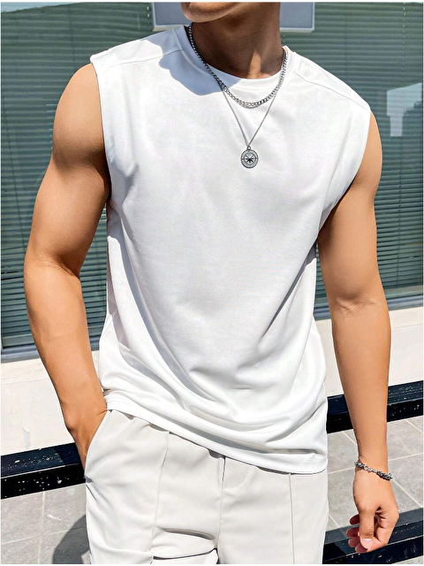 Tarz Cool Erkek Bisiklet Yaka Etek Ve Kol Bitimi Dökümlü Süprem %100 Pamuk Kolsuz Tişört - S000241534-20063