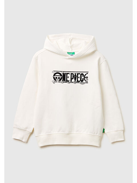 United Colors Of Benetton Erkek Çocuk Beyaz Önü ve Arkası One Piece Baskılı Kapüşonlu Sweatshirt