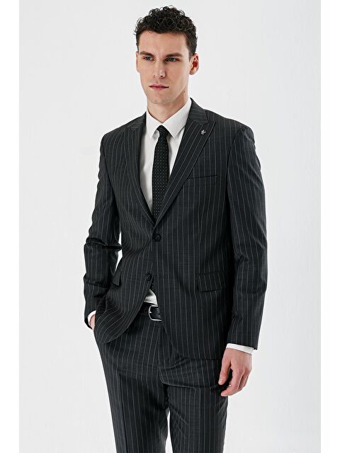 İMZA Füme Çizgili Kırlangıç Yaka Yünlü Elastanlı 6 Drop Slim Dar Kesim Klasik Takım Elbise 1001240159 - S000388090-33408