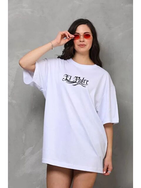 Jane's Unisex Bisiklet Yaka Baskılı Oversize T-Shirt - Beyaz