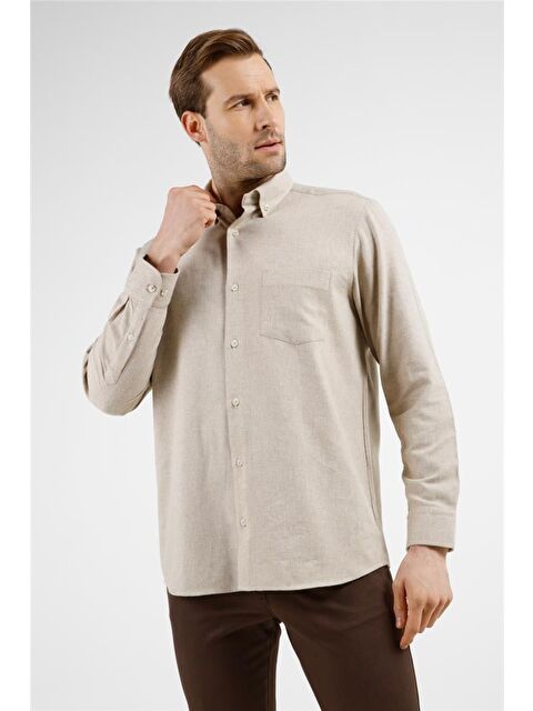 İMZA Bej Düğmeli Yaka Uzun Kol Cepli Comfort Fit Pamuklu Gömlek 1004255234 - S000505551-19928