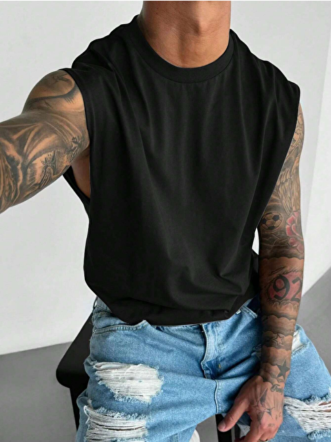 Tarz Cool Erkek Bisiklet Yaka Etek Ve Kol Bitimi Dökümlü Süprem %100 Pamuk Kolsuz Tişört - S000241534-19351