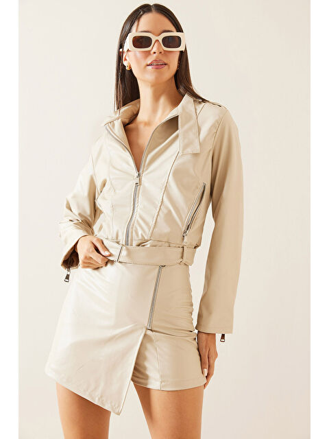 Xhan Krem Dik Yaka Fermuarlı Deri Ceket 5KXK4-48955-22 - S000283499-19966