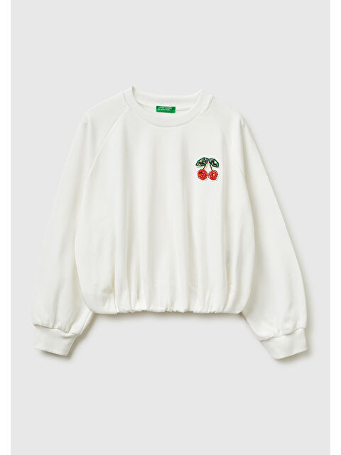 United Colors Of Benetton Kız Çocuk Beyaz Pul Detaylı Arkası Logo İşlemeli Yuvarlak Yaka Sweatshirt