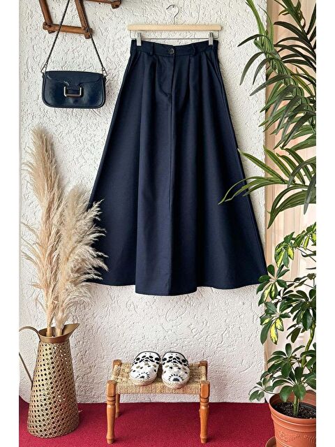 Ceylan Otantik Lacivert Tek Düğmeli Keten Etek - S000202511-21164