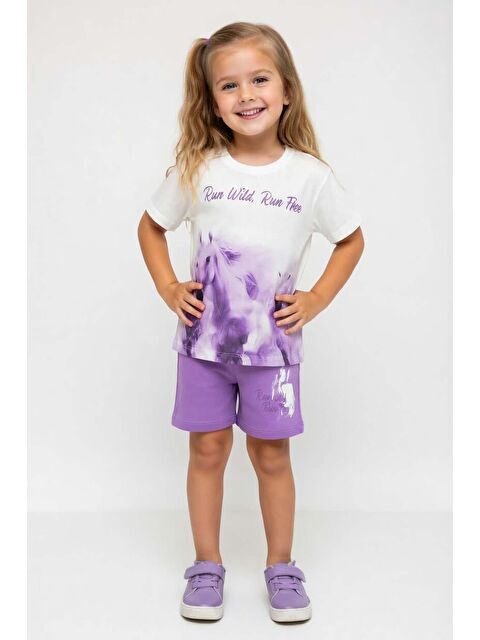 Riccotarz Kız Çocuk Run Wild Yazı ve At Baskılı Lila Şortlu Takım