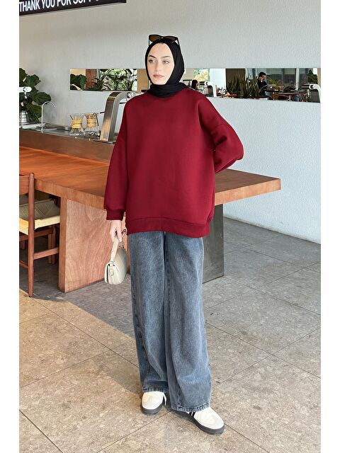 Lamelif Jasmin Bisiklet Yaka Oversize Sweat Bordo