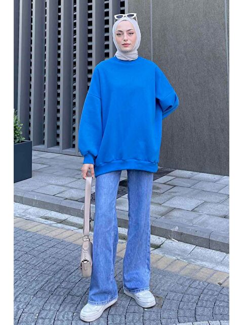 Lamelif Jasmin Bisiklet Yaka Oversize Sweat Mavi - S000517844-17234