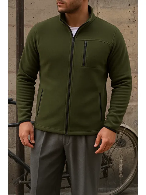 Comstar Erkek Kalın Fermuarlı Kışlık Günlük Haki Polar Sweatshirt